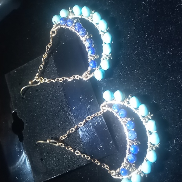 Turquoise & sodalite dangle earrings chain hung on hooks - Picture 2 of 5